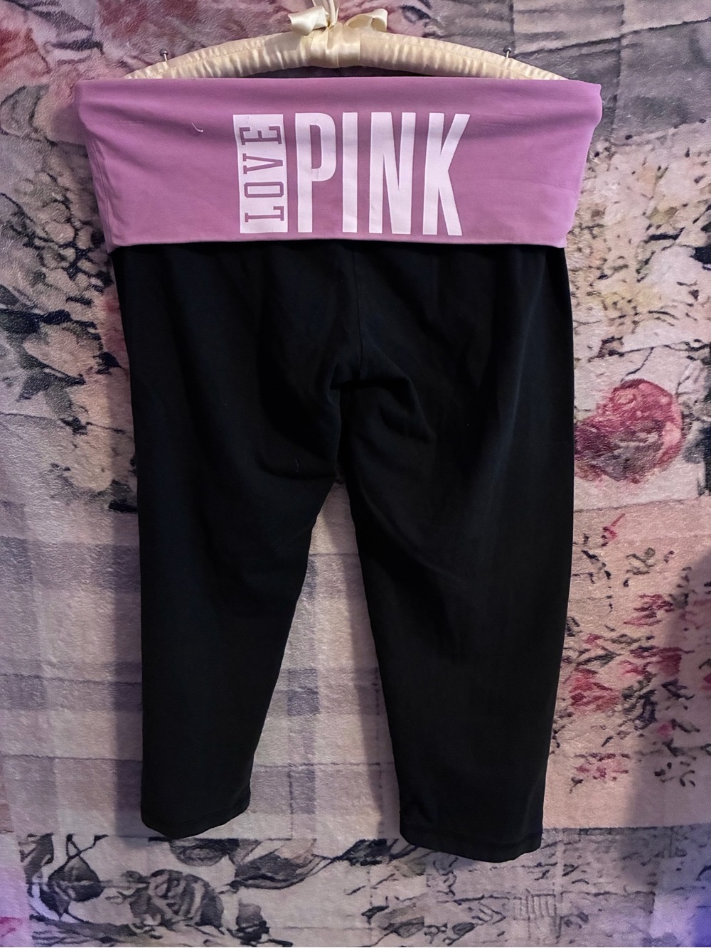 Victoria's Secret PINK Black Capris with Lavender Fold-Over Waistband